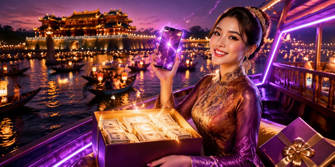 Người dùng Huế chơi casino trên điện thoại dưới ánh đèn neon đêm phố